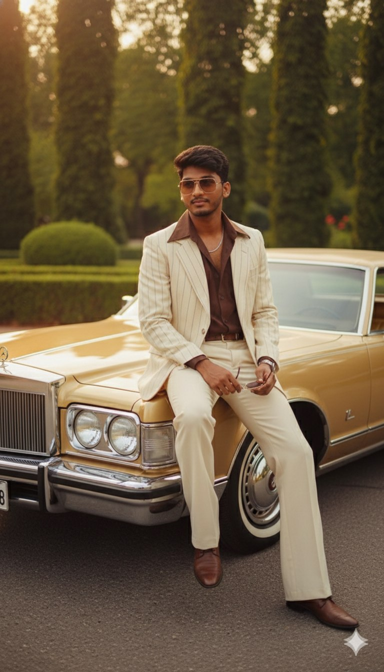 2. a vintage 1970s Bollywood-inspired photograph of a stylish man